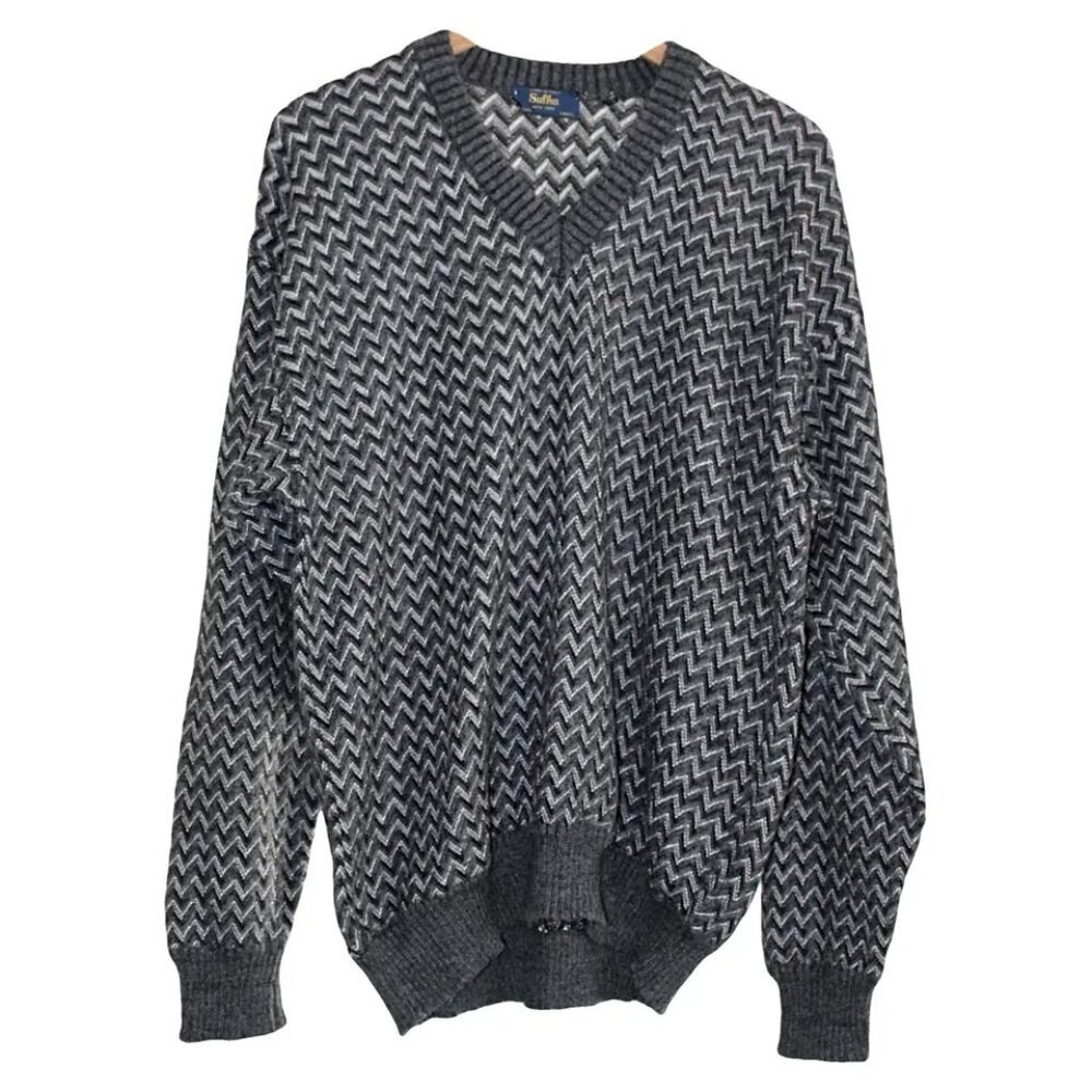 Sulka Designer - Vintage Men's Chevron Print V-Neck Pullover, Alpaca - XL